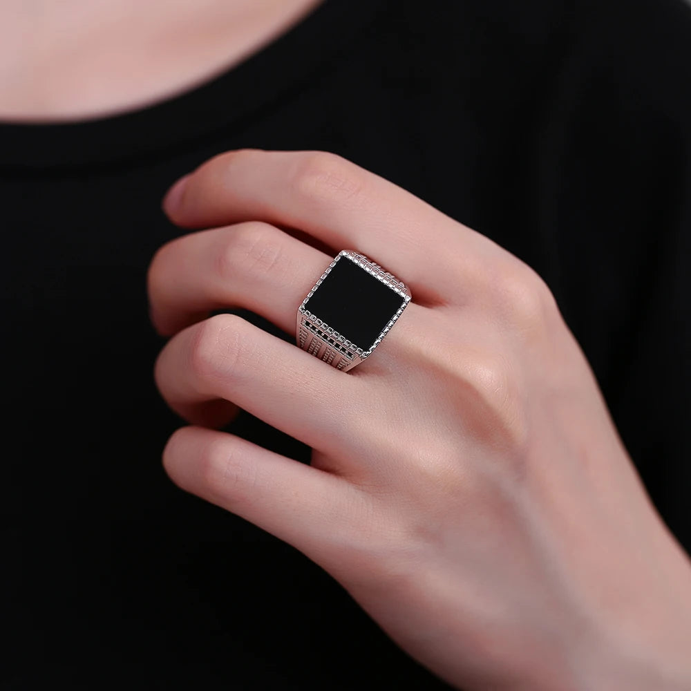 Vintage Black Agate Silver Ring - Jeglowstore