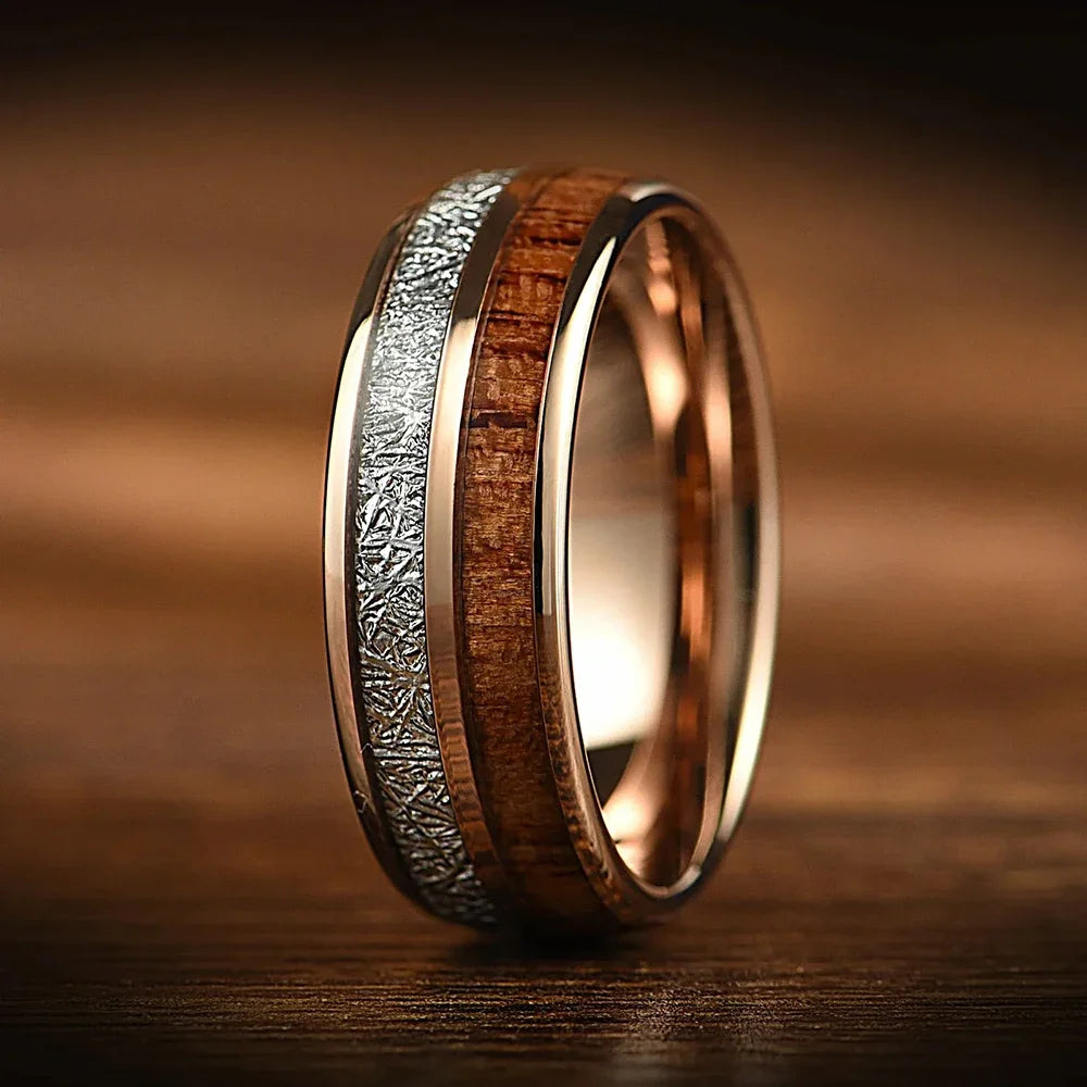 Men’s 8MM Koa Wood & Meteorite Stainless Steel Ring