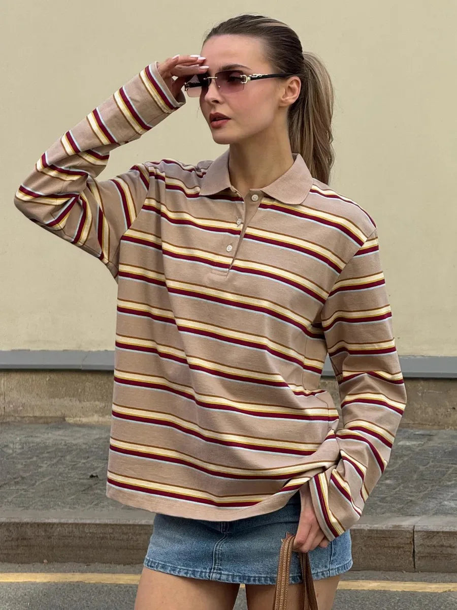 Women’s Retro Striped Polo Shirt - Jeglowstore