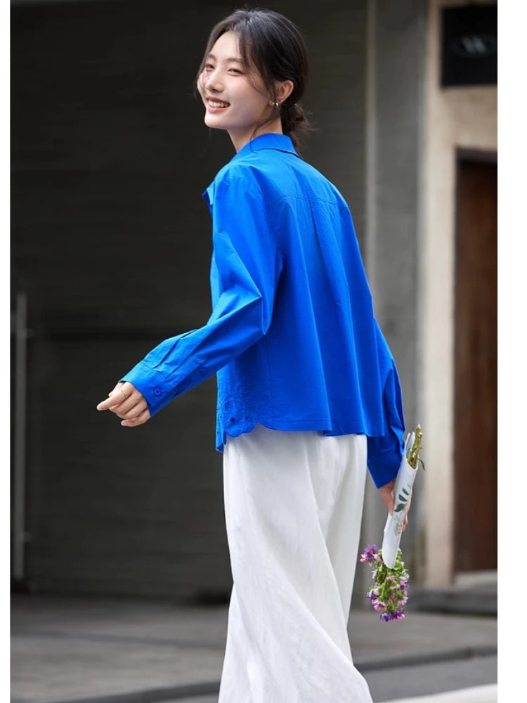 Women’s Blue Embroidery Cotton Shirt - Jeglowstore