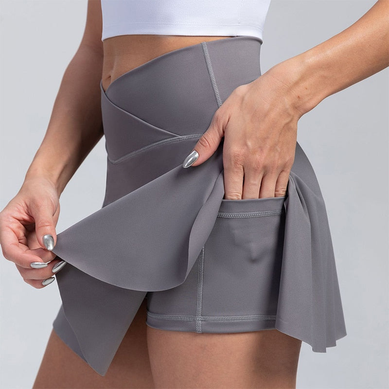 Women Pleated Tennis Skirt with Pockets Shorts Athletic Skirts Crossover High Waisted Athletic Golf Skorts Workout Sports Skirts