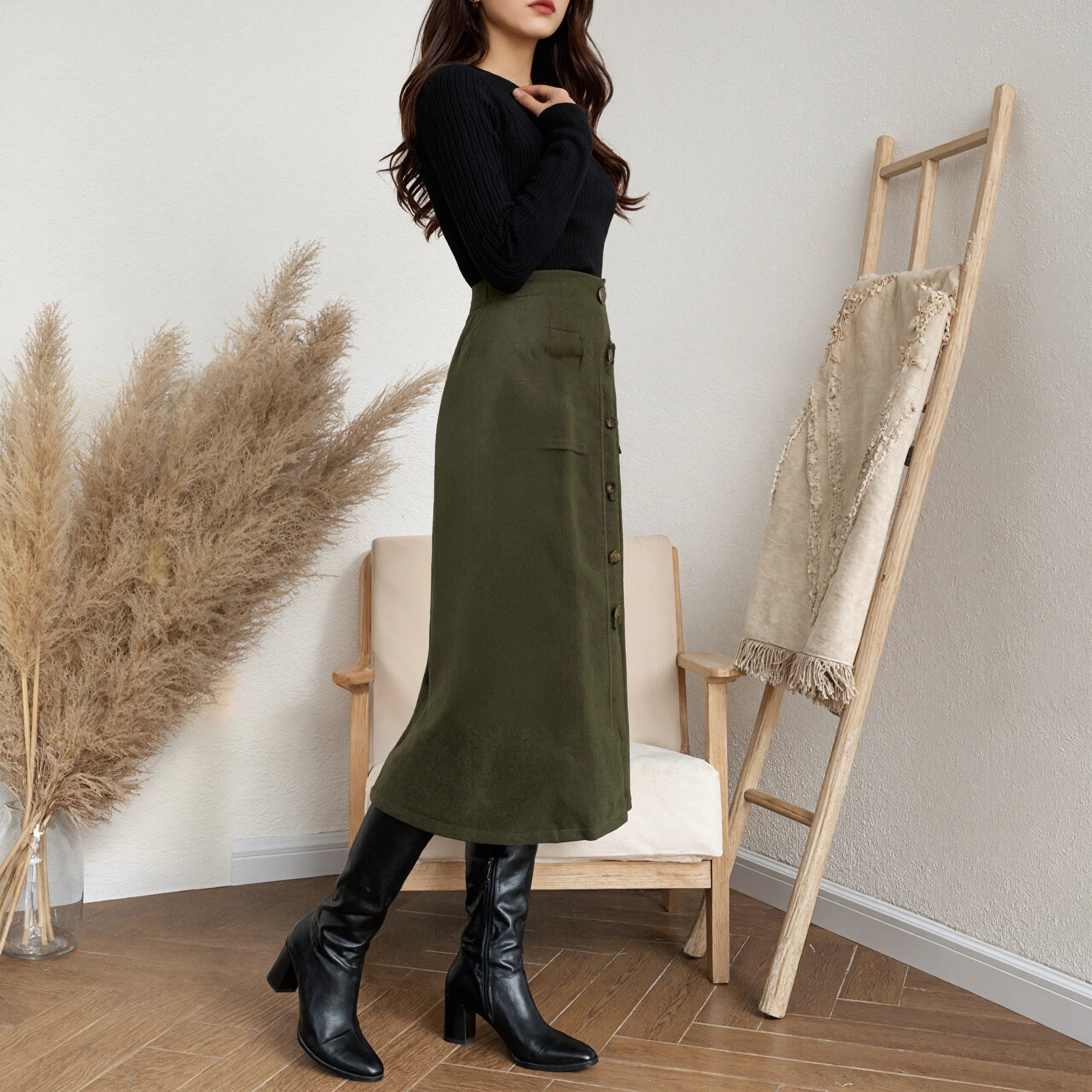 Vintage Green High Waist Midi Skirt - Jeglowstore