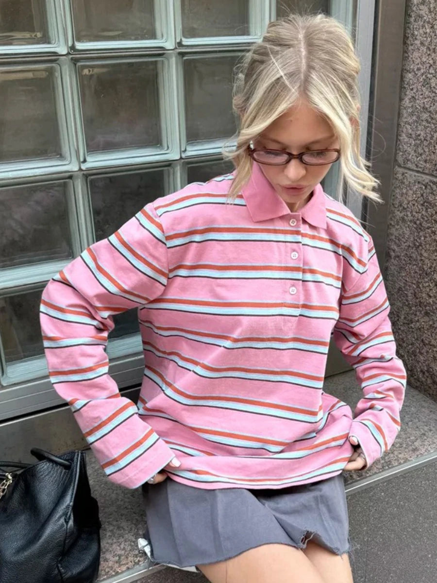 Women’s Retro Striped Polo Shirt - Jeglowstore