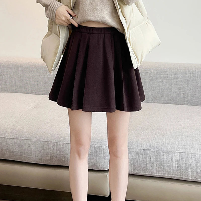Elastic Waist Wool Pleated Mini Skirt