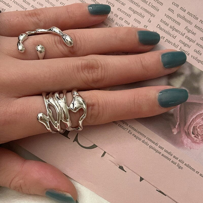 2023 New Arrival Irregular Hollow Silver Color Wide Ring Female Fashion Retro Unique Design Handmade Jewelry Gifts