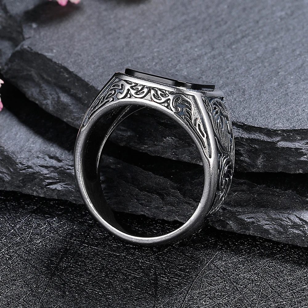 Men’s Black Agate Sterling Silver Ring - Jeglowstore