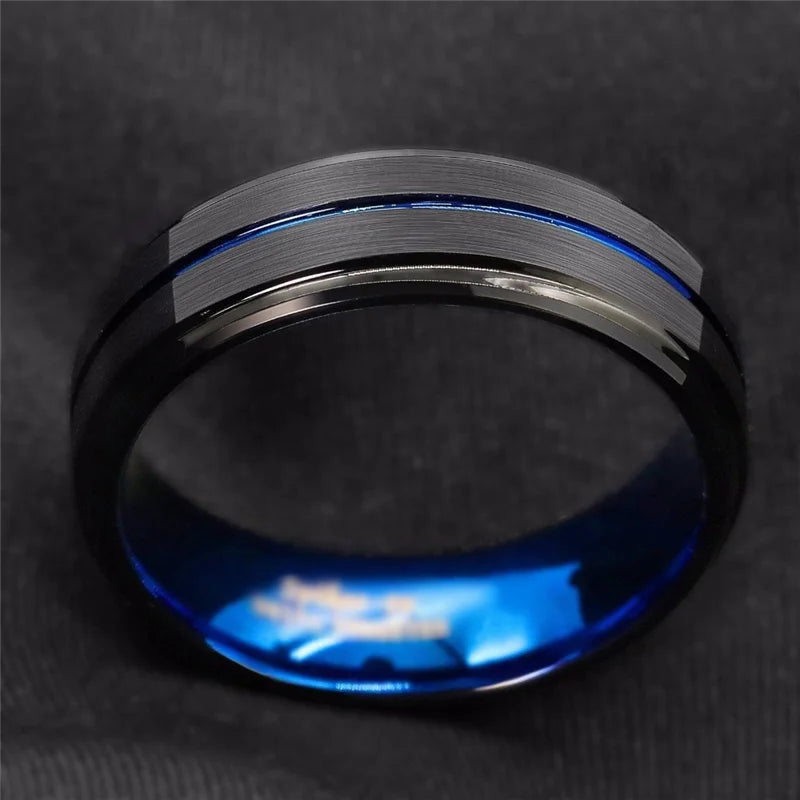 Black Tungsten Men’s Ring with Blue Groove - Jeglowstore