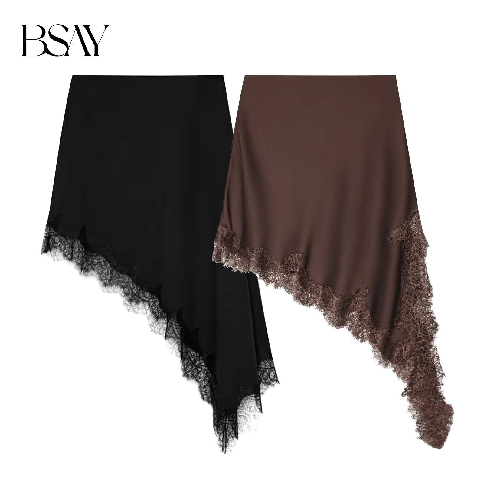 BSAY Asymmetric Lace Satin High Waist Skirt