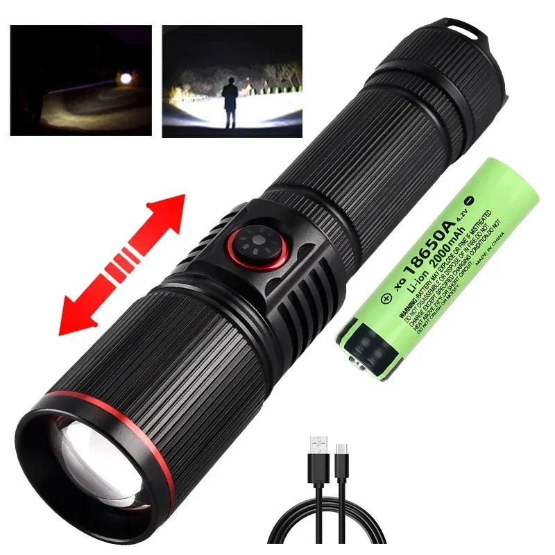 30W White Laser LED Flashlight Zoom Torch USB Rechargeable Light Outdoor Camping Hunting Fishing Walking Riding Lighting Lamp