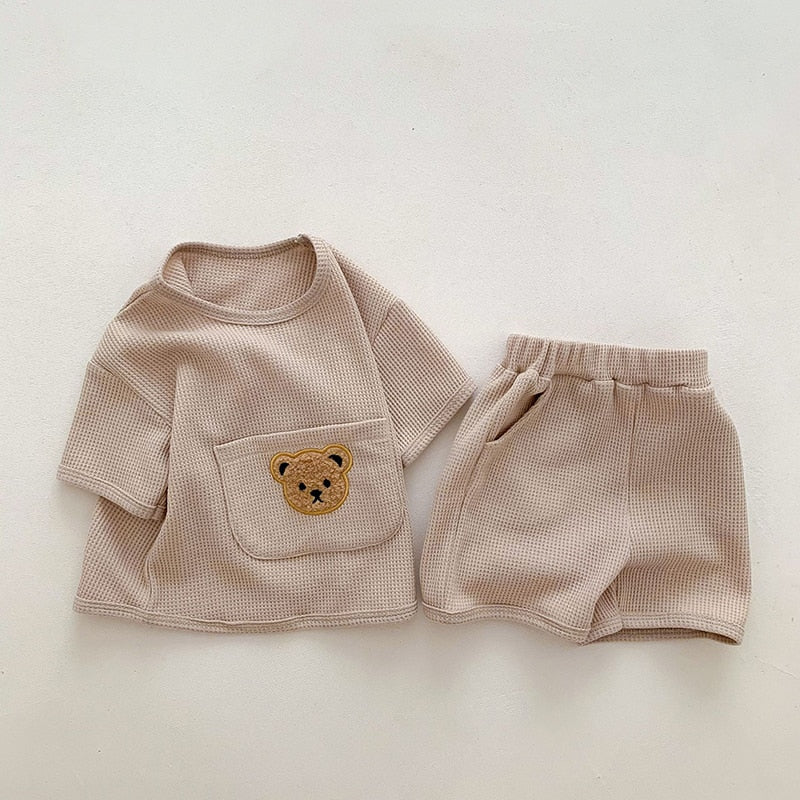 MILANCEL 2023 Summer Baby Clothing Set Waffle Bear Tee and Shorts 2 Pcs Suits Baby Girls Clothes Set