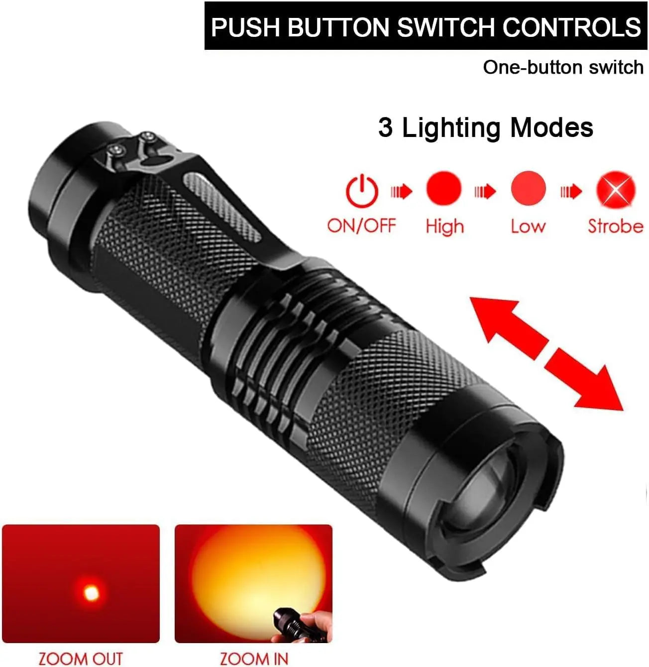 Red Light Torch Adjustable Focus LED Flashlight Super Bright Pocket Size Lightweight Small Torch for Power Cut Emergency Outdoor - Jeglowstore