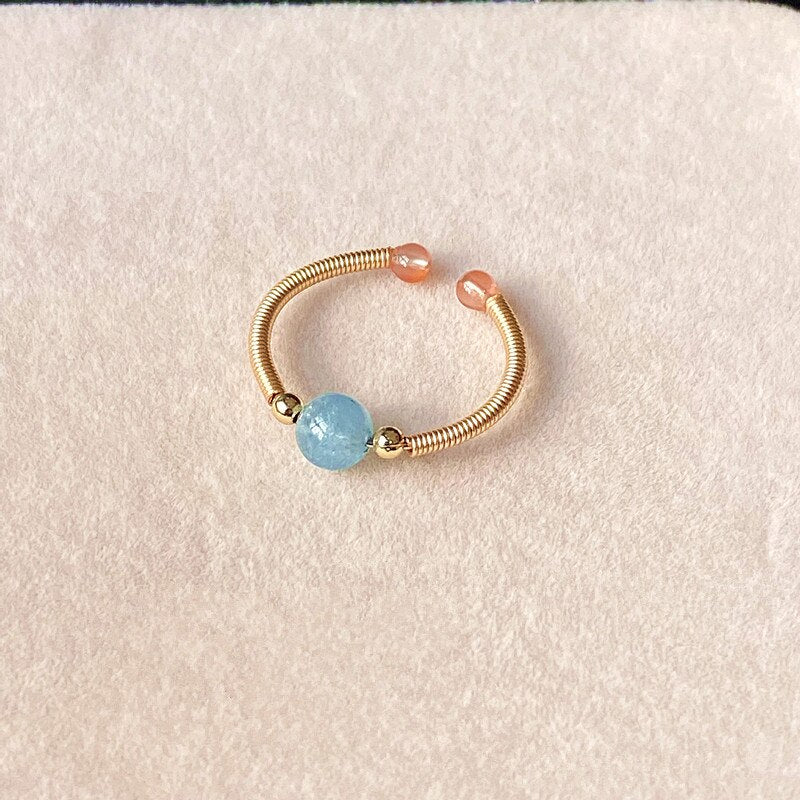 Natural Stone Rainbow Tourmaline Ring Fashion Retro Handmade Metal Wire Winding Beaded Open Adjustable Ring Female Charm Jewelry