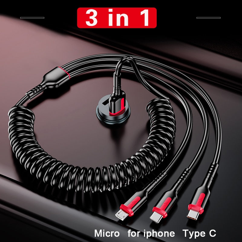 66W 5A USB Type C Data Cable 3A Micro USB Spring Pull Telescopic Fast Charging Cable for Android Phone Accessories Car USB Cable