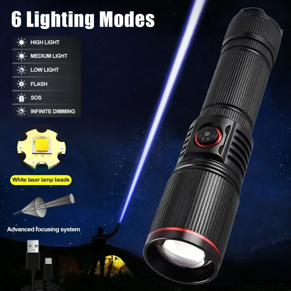 30W White Laser LED Flashlight Zoom Torch USB Rechargeable Light Outdoor Camping Hunting Fishing Walking Riding Lighting Lamp
