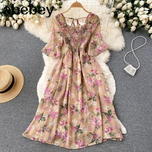 2024 Fashion Summer Flower Print Long Dress Women Vintage Square Neck Ruched Chest Chiffon Sundress Party Vestidos