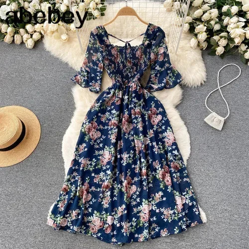 2024 Fashion Summer Flower Print Long Dress Women Vintage Square Neck Ruched Chest Chiffon Sundress Party Vestidos
