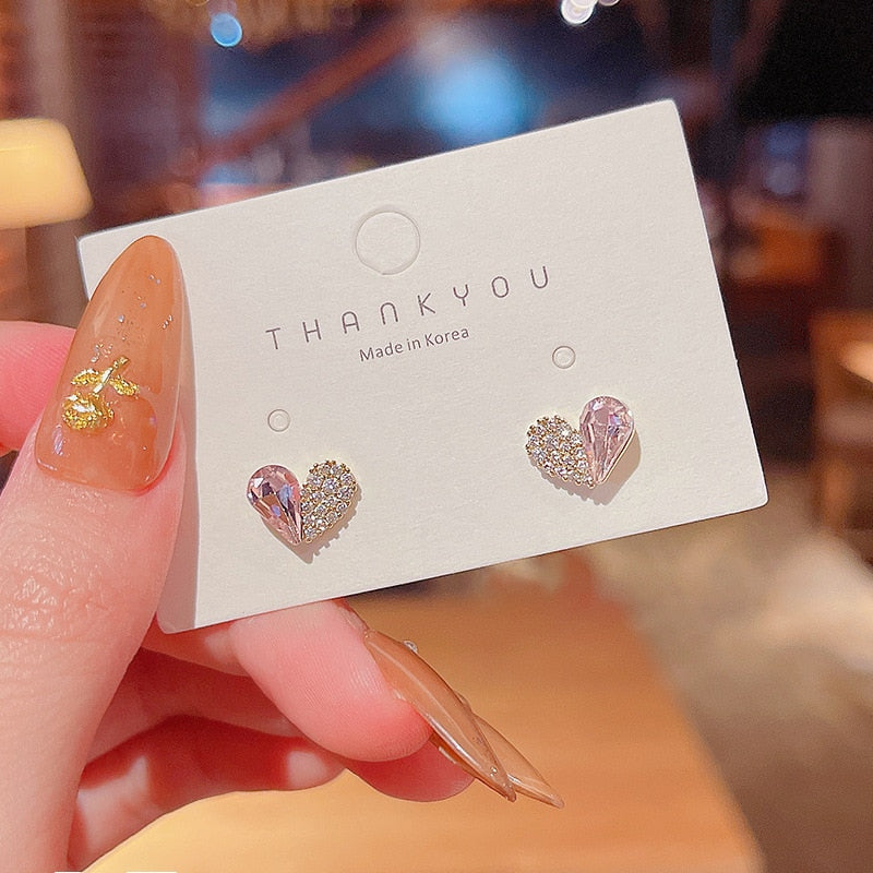 Fashion Rhinestone Stitching Heart Small Stud Earrings Pink Girls Daily Wear Earrings Girl Gift Jewelry 2022