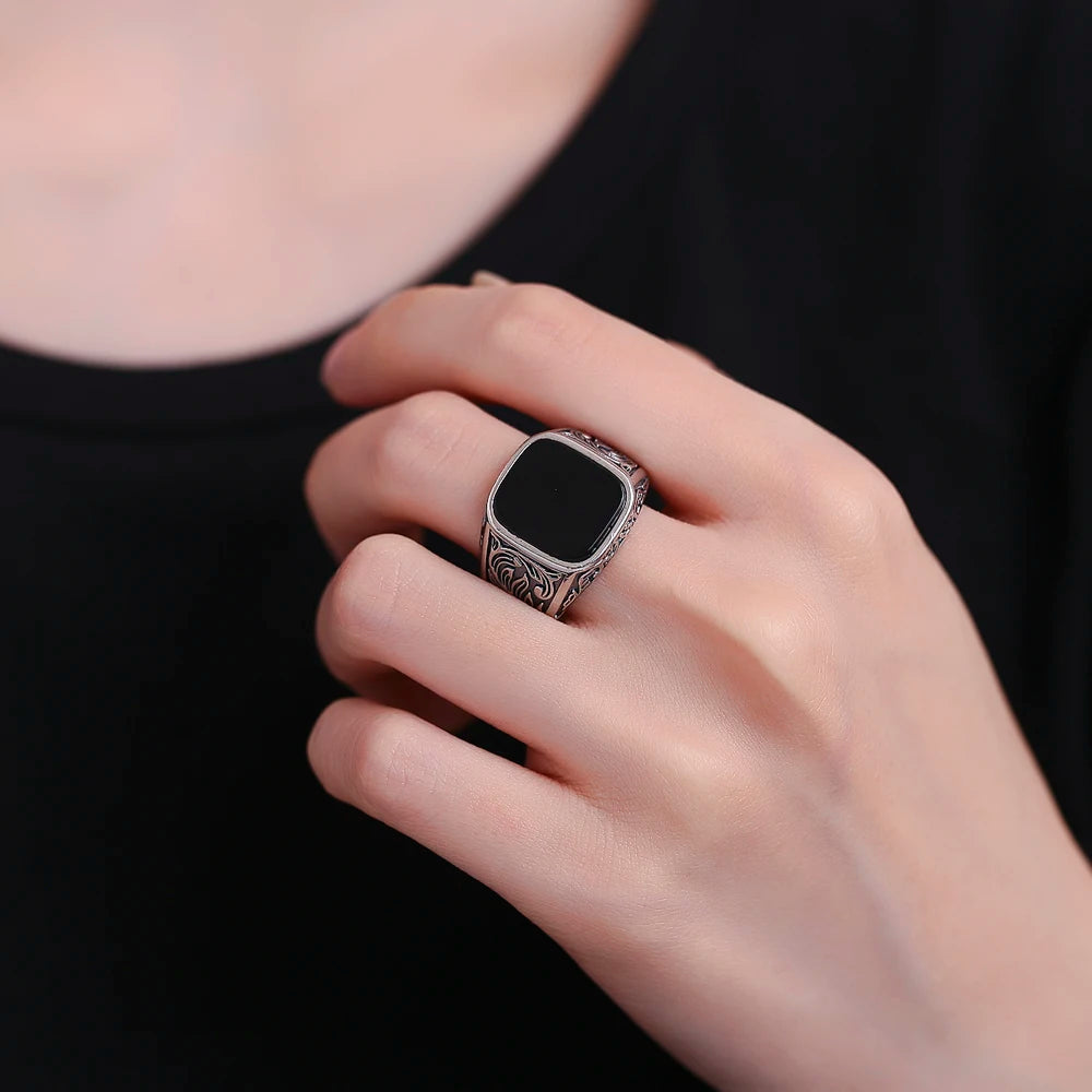 Men’s Black Agate Sterling Silver Ring - Jeglowstore