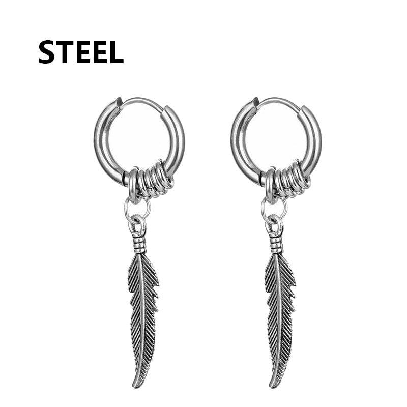 2pc korean Fashion Cross feather Stud Earrings Punk Rock Style For Women men High Quality Stainless steel Hiphop Ear Jewelry