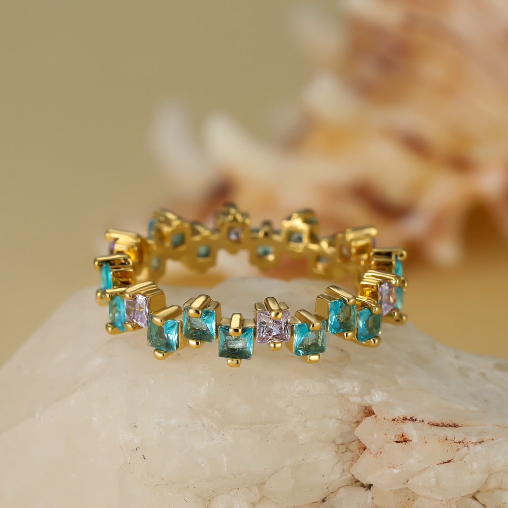 Irregular Square Zircon Engagement Ring Vintage Female Royal Blue Stone Thin Ring Antique Gold Color Wedding Rings For Women CZ