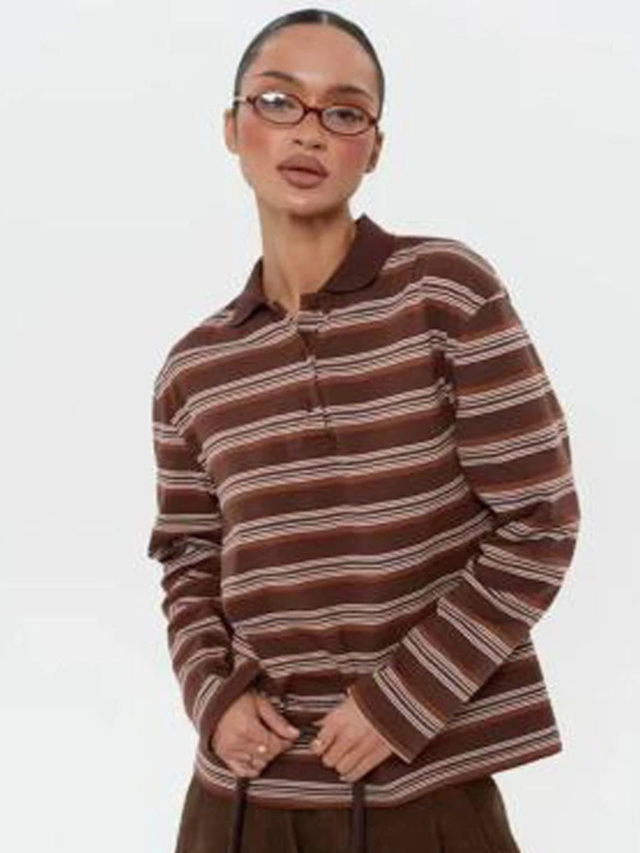 Women’s Retro Striped Polo Shirt - Jeglowstore