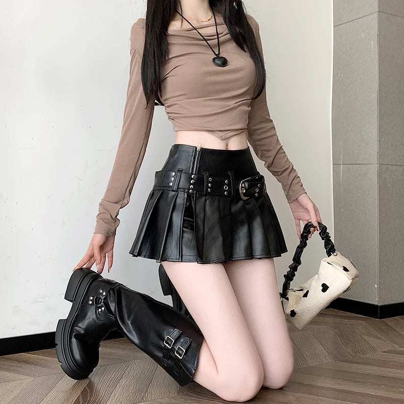 Gothic Pleated Leather Mini Skirt