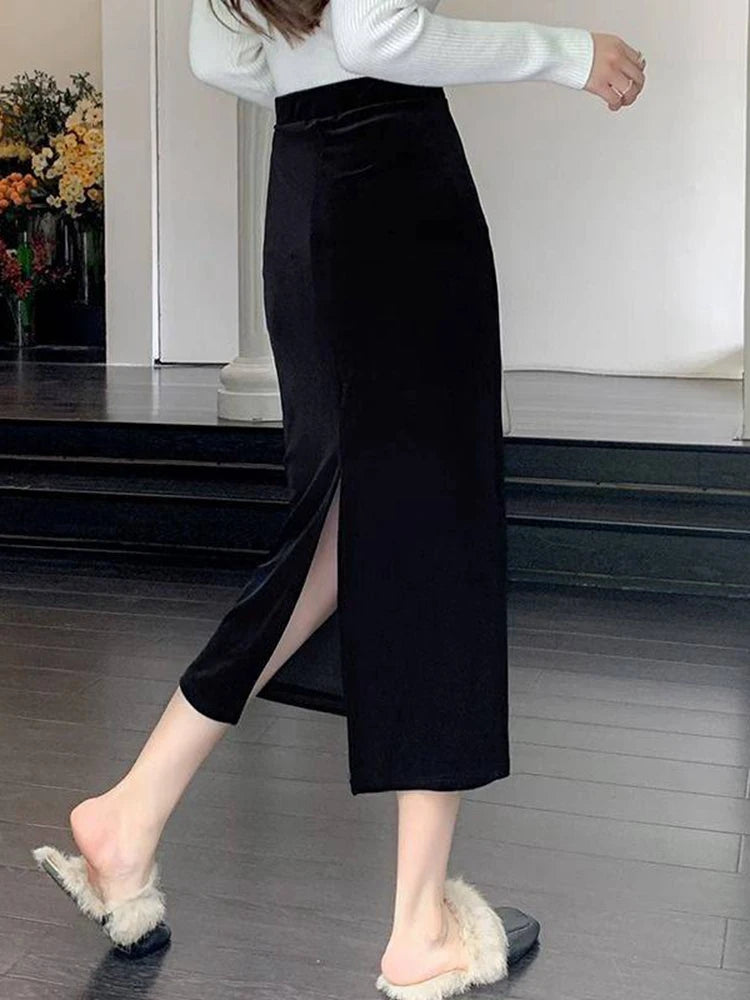 Black Velvet High Waist Midi Skirt - Jeglowstore