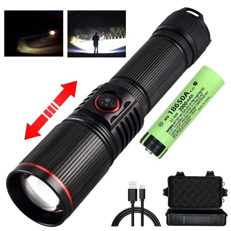 30W White Laser LED Flashlight Zoom Torch USB Rechargeable Light Outdoor Camping Hunting Fishing Walking Riding Lighting Lamp