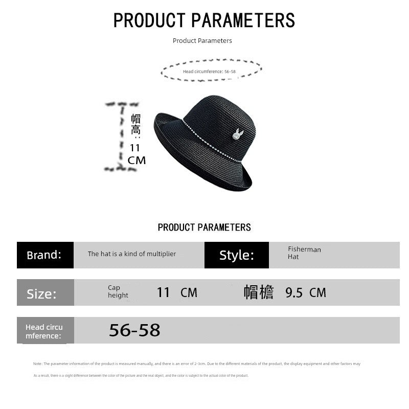 2023 Summer Elegance Fashionable Curled Brim Top Hat Women's Rhinestone Rabbit French Style Sun-Proof Trendy Straw Hat