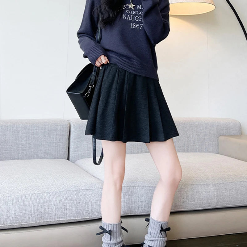 Elastic Waist Wool Pleated Mini Skirt