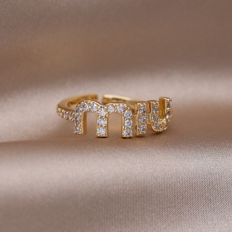 2023 Korean New Design Fashion Jewelry 14K Gold Plated Letter M Zircon Open Ring Elegant Women's Daily Work Accessories