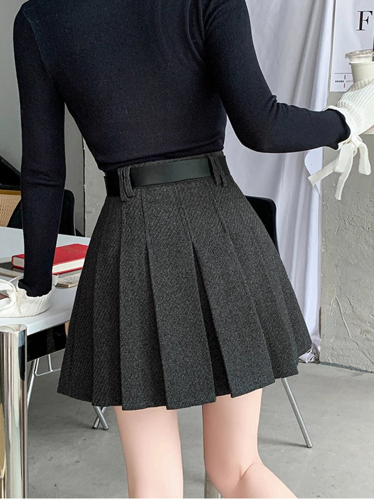 Women’s Vintage High Waist Wool Pleated Mini Skirt - Jeglowstore