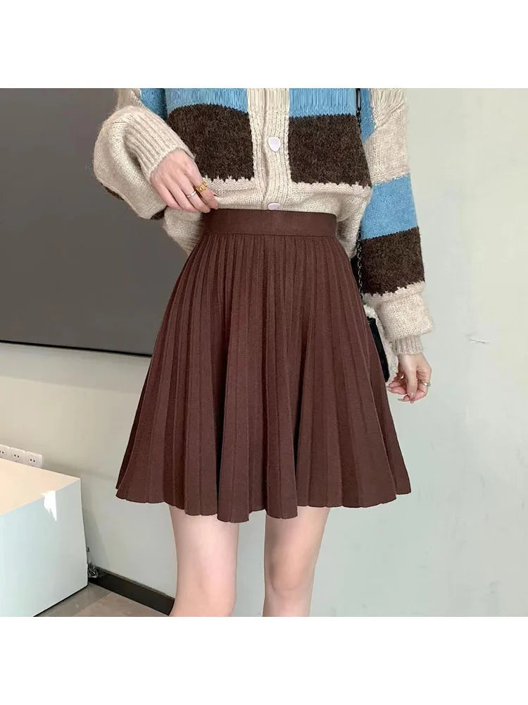 High Waist Knitted Pleated Mini Skirt