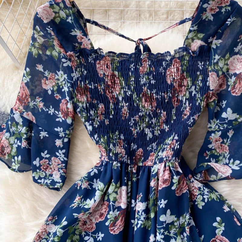 2024 Fashion Summer Flower Print Long Dress Women Vintage Square Neck Ruched Chest Chiffon Sundress Party Vestidos