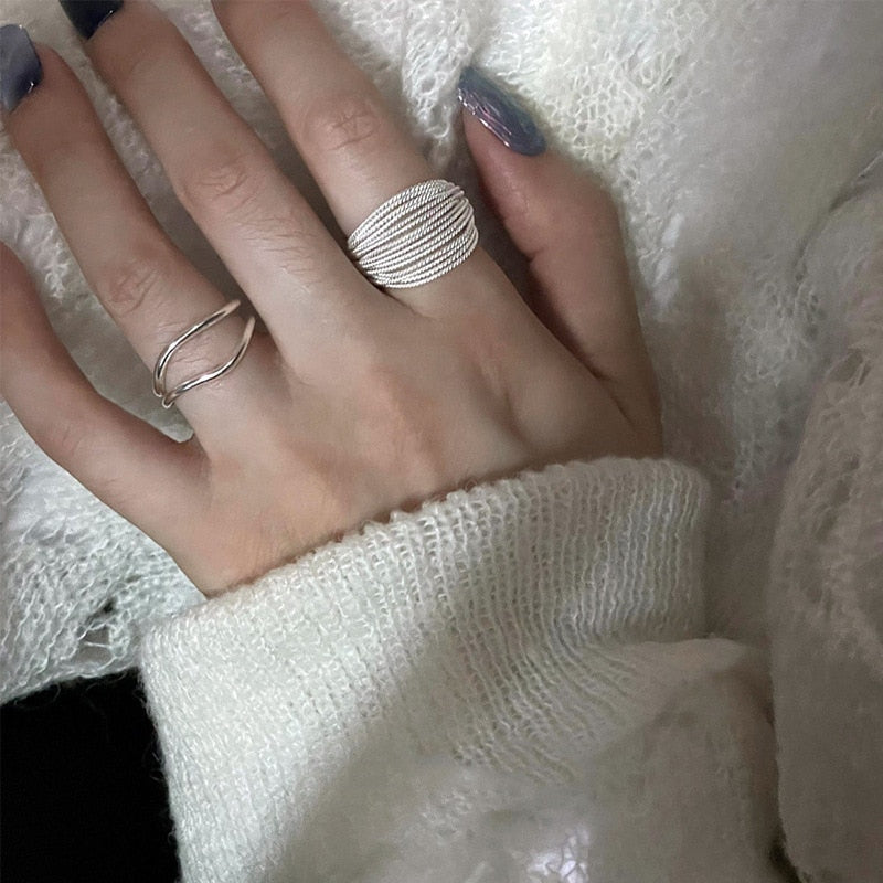 925 Sterling Silver Unique Lines Ring For Women Jewelry Finger Adjustable Open Vintage Ring For Party Birthday Gift