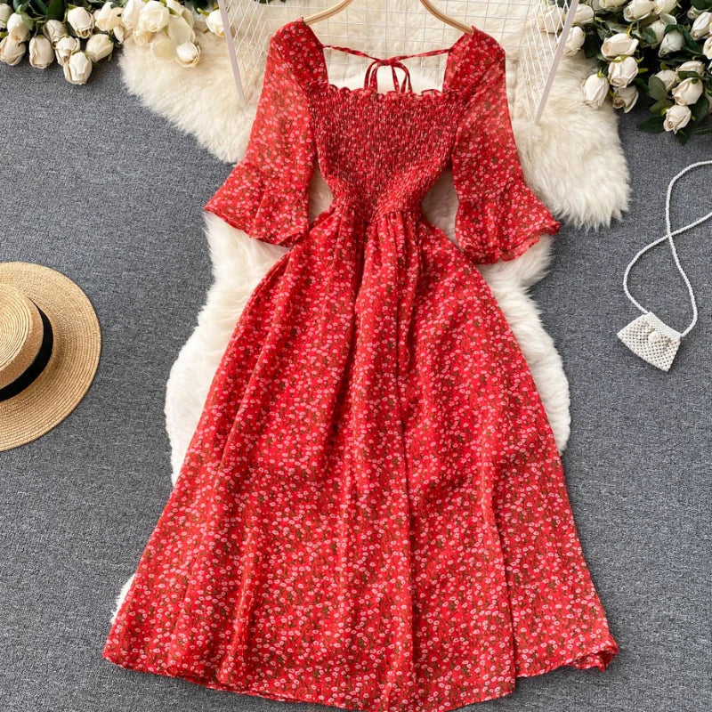 2024 Fashion Summer Flower Print Long Dress Women Vintage Square Neck Ruched Chest Chiffon Sundress Party Vestidos
