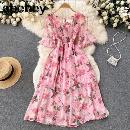 2024 Fashion Summer Flower Print Long Dress Women Vintage Square Neck Ruched Chest Chiffon Sundress Party Vestidos