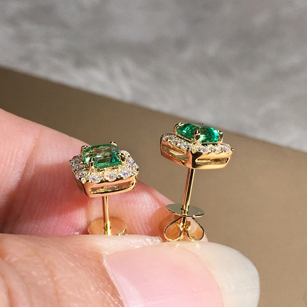 Huitan Eternity Green CZ Stud Earrings for Women Gold Color Luxury Bride Wedding Earrings Elegant Ear Accessories Party Jewelry