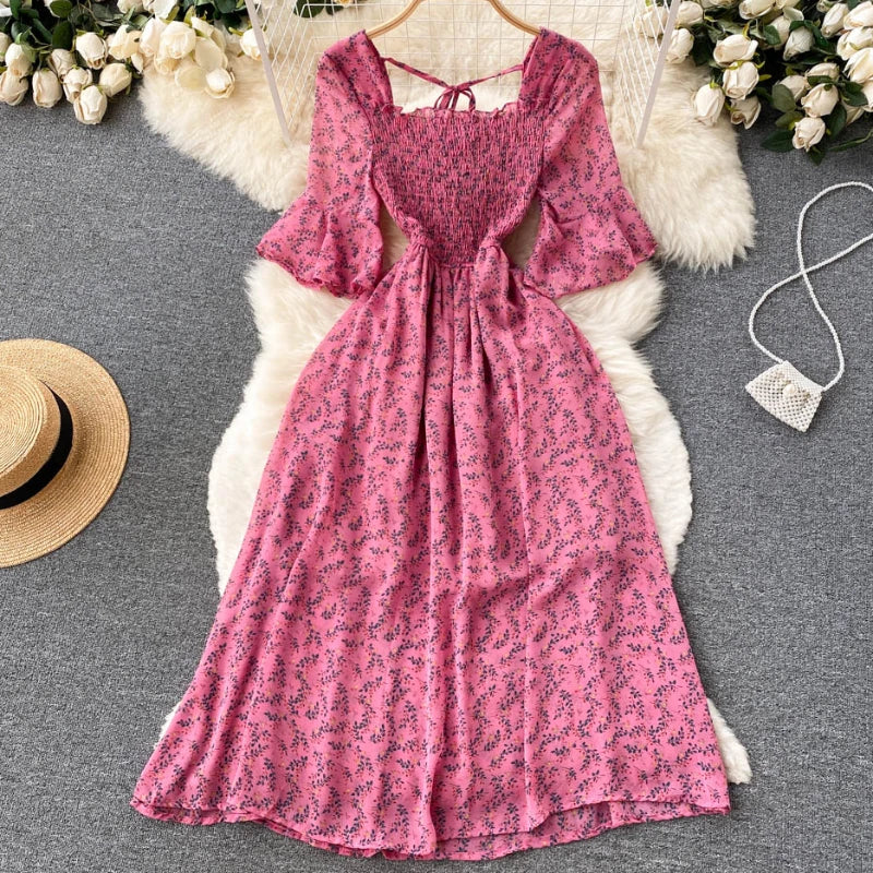 2024 Fashion Summer Flower Print Long Dress Women Vintage Square Neck Ruched Chest Chiffon Sundress Party Vestidos