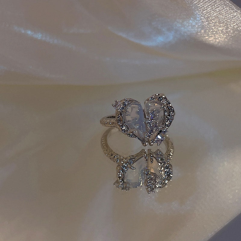 Kpop Crystal Love Heart Open Ring For Women Wedding Luxury Vintage Jewelry Y2K Accessories