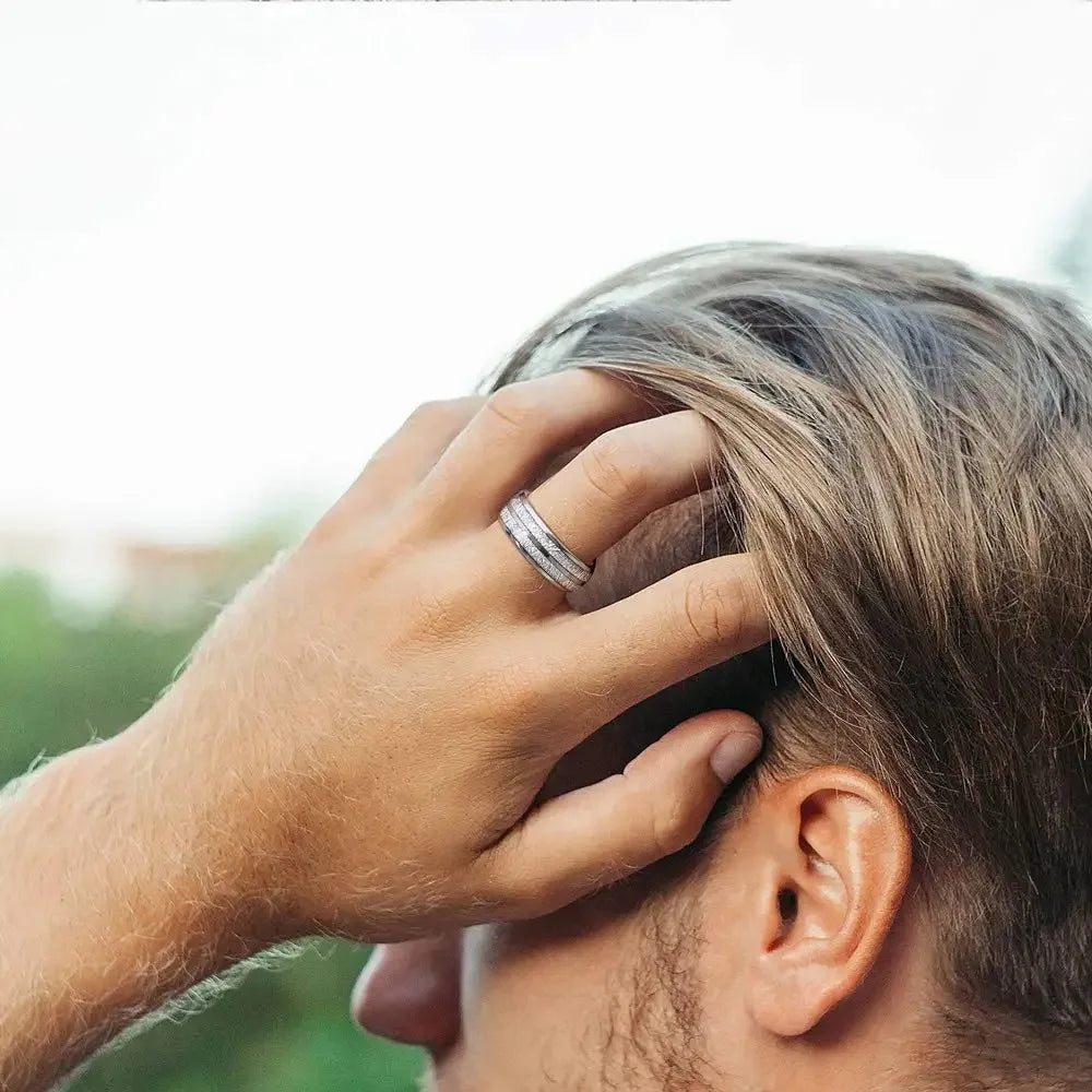 Titanium Wedding Band with Silver Double Groove & Meteorite Inlay - Jeglowstore