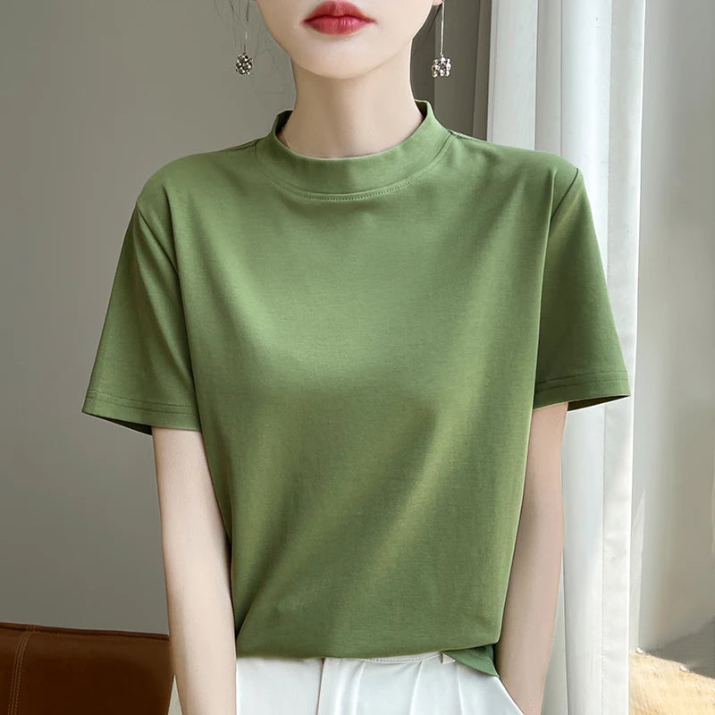 Women’s Semi-High Neck Cotton T-Shirt - Jeglowstore