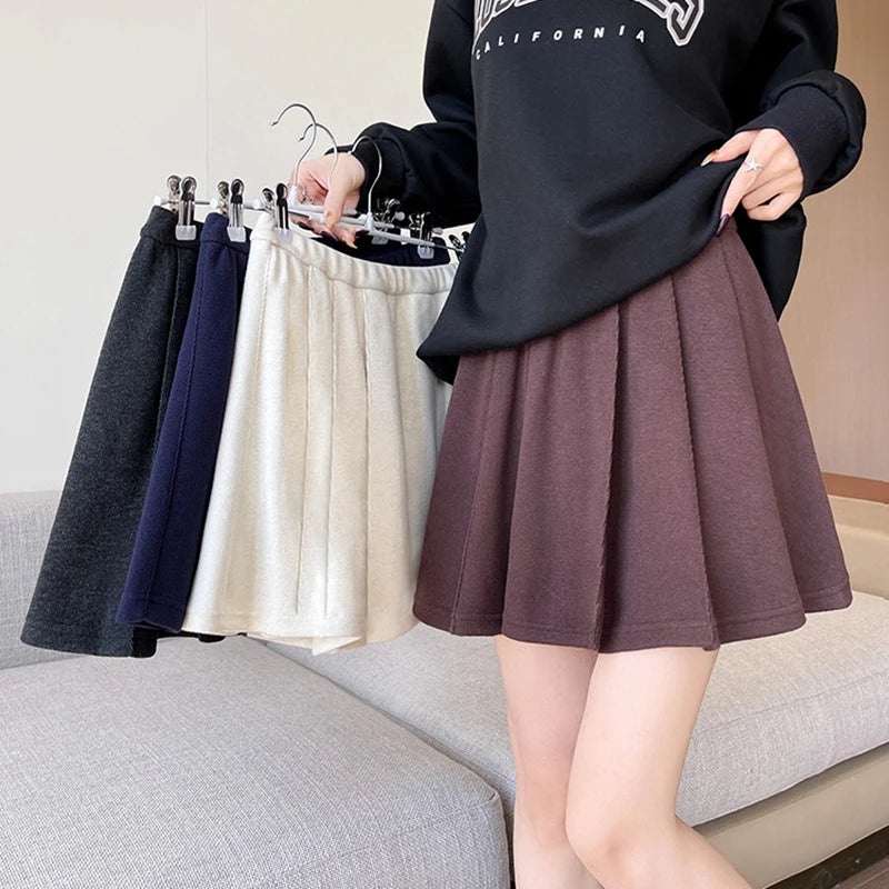 Elastic Waist Wool Pleated Mini Skirt