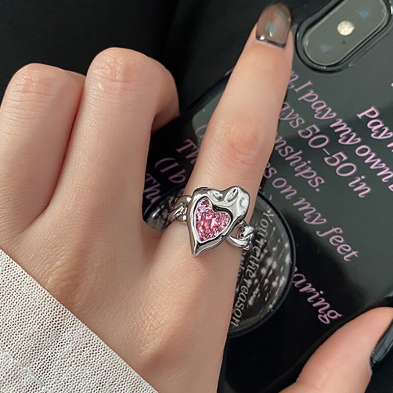 Kpop Crystal Love Heart Open Ring For Women Wedding Luxury Vintage Jewelry Y2K Accessories