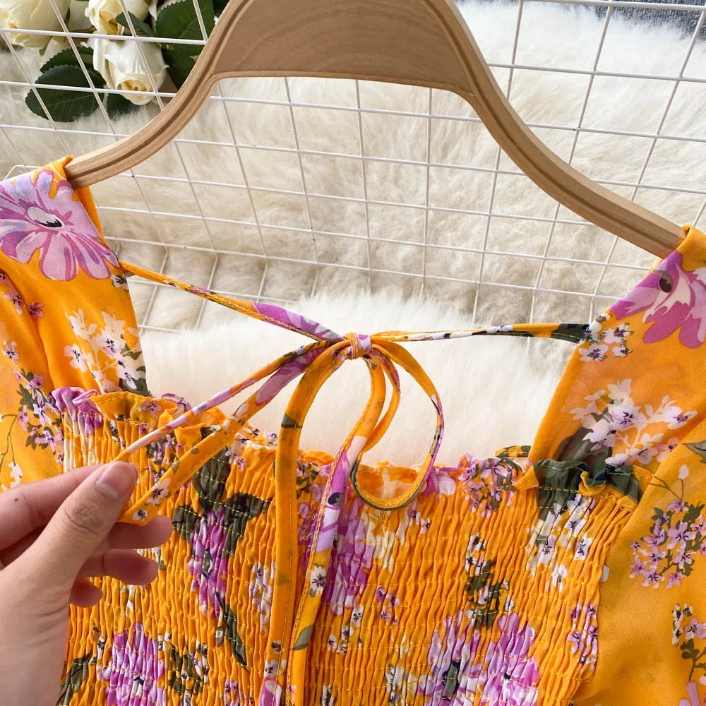 2024 Fashion Summer Flower Print Long Dress Women Vintage Square Neck Ruched Chest Chiffon Sundress Party Vestidos