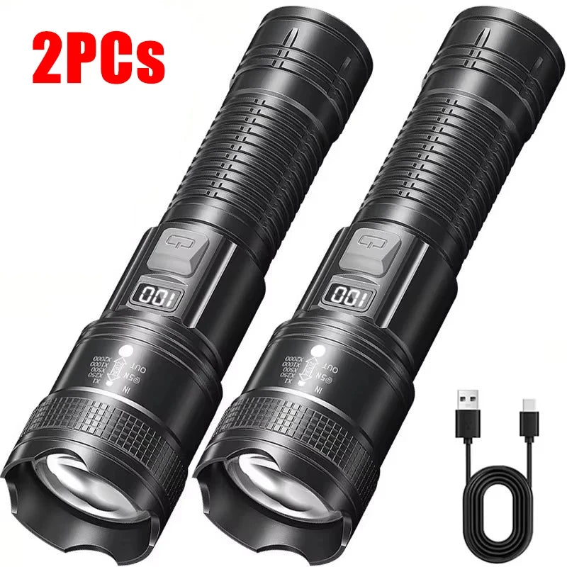 Super Bright LED Flashlight USB Rechargeable Flashlights with Tactical Zoom High Power Spotlight Outdoor Camping Fishing Torch