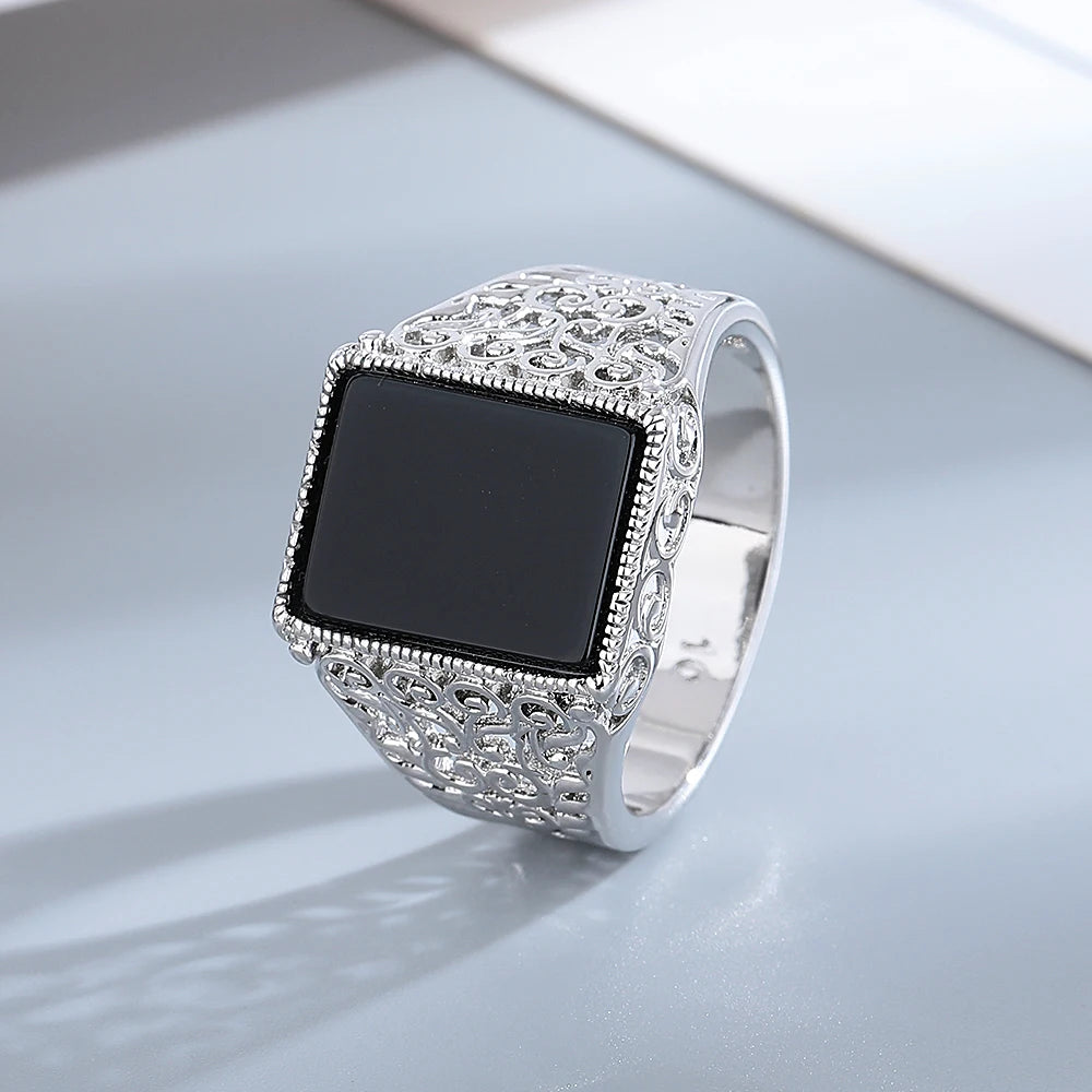 Vintage Black Agate Silver Ring - Jeglowstore