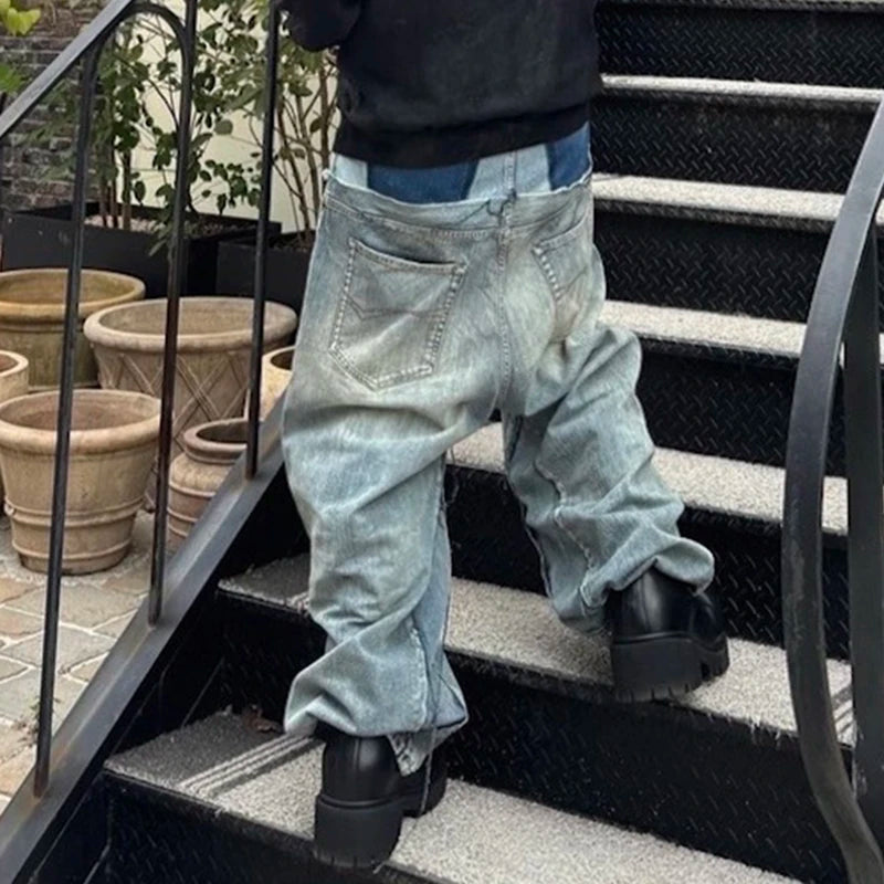 Double Waist Patchwork Baggy Jeans - Jeglowstore