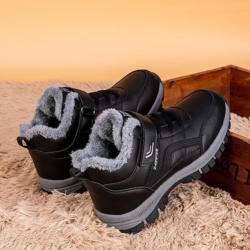 Women Men Boots Winter Snow Boots Outdoor Non-slip Sneakers Plush Leather Waterproof Boots Man High Quality Lace-up Hiking Shoes