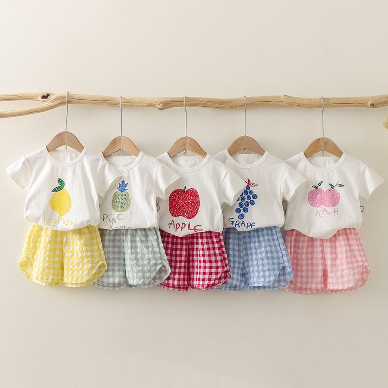 Red Apple Short Sleeved Suits Summer Baby Girls Clothes 2022 New Kids 2 Piece Set Cotton Toddler Plaid Shorts Set Clothing 9m-4y